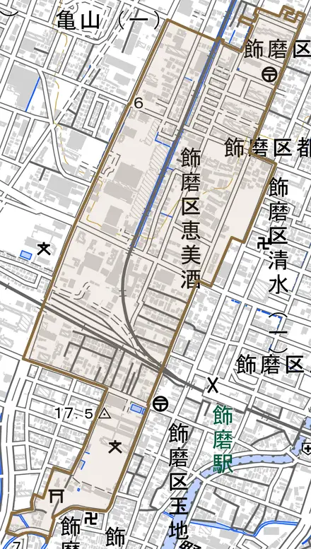 飾磨区恵美酒とその周辺の地図。町の範囲を重ねている