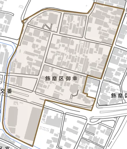 飾磨区御幸とその周辺の地図。町の範囲を重ねている
