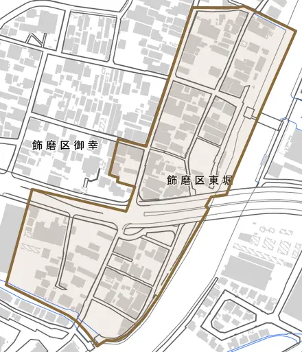 飾磨区東堀とその周辺の地図。町の範囲を重ねている