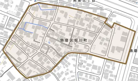 飾磨区堀川町とその周辺の地図。町の範囲を重ねている