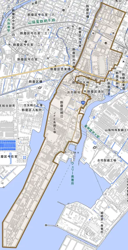 飾磨区細江とその周辺の地図。町の範囲を重ねている