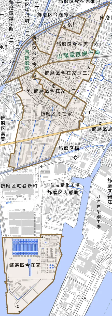 飾磨区今在家とその周辺の地図。町の範囲を重ねている