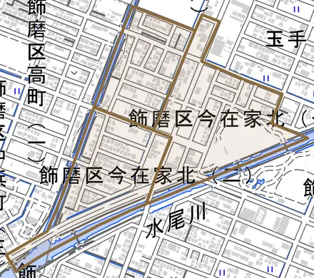 飾磨区今在家北とその周辺の地図。町の範囲を重ねている