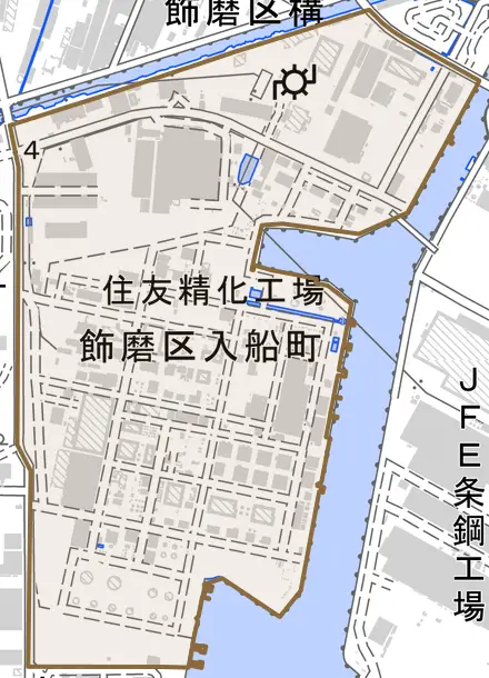 飾磨区入船町とその周辺の地図。町の範囲を重ねている
