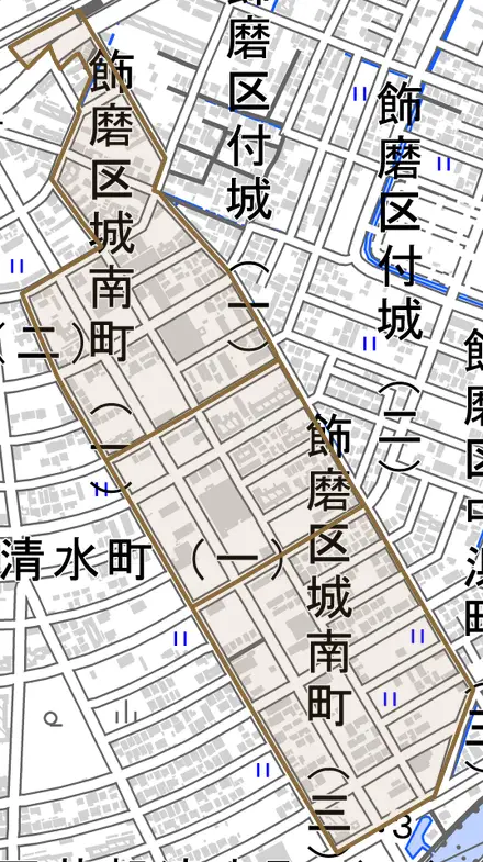 飾磨区城南町とその周辺の地図。町の範囲を重ねている