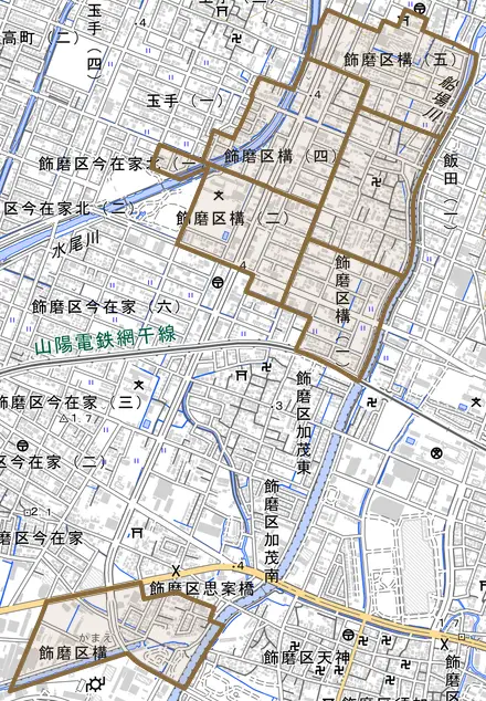 飾磨区構とその周辺の地図。町の範囲を重ねている