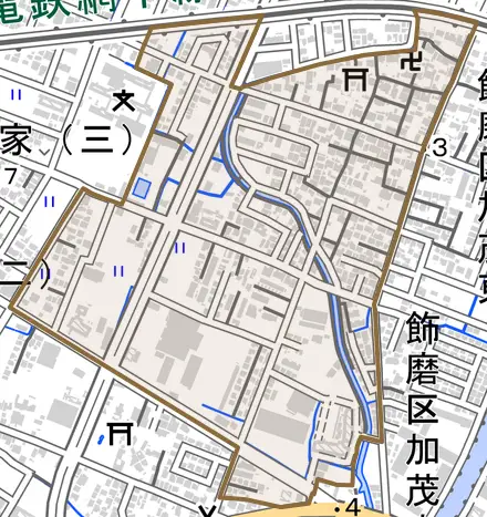 飾磨区加茂とその周辺の地図。町の範囲を重ねている