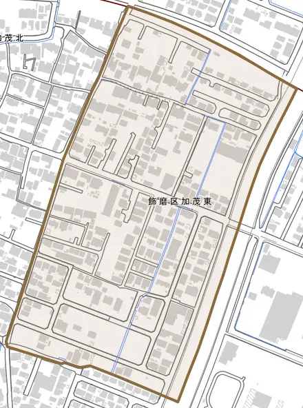 飾磨区加茂東とその周辺の地図。町の範囲を重ねている