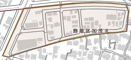 飾磨区加茂北とその周辺の地図。町の範囲を重ねている