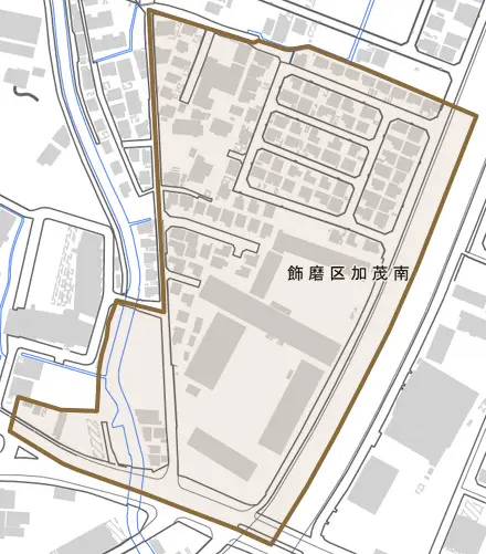 飾磨区加茂南とその周辺の地図。町の範囲を重ねている