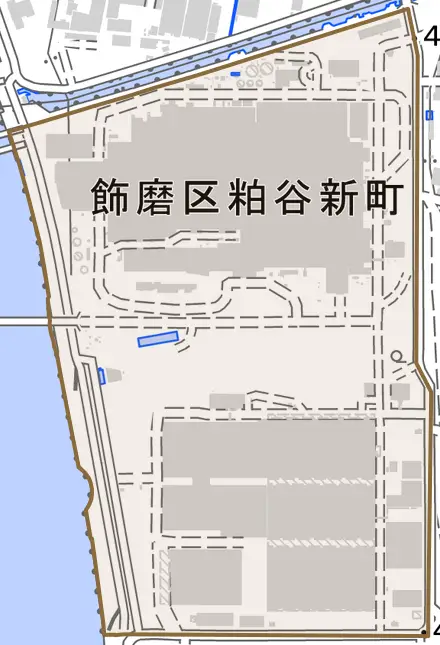 飾磨区粕谷新町とその周辺の地図。町の範囲を重ねている