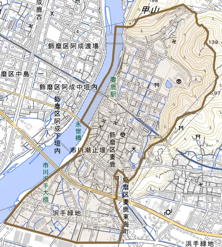飾磨区妻鹿とその周辺の地図。町の範囲を重ねている