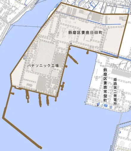 飾磨区妻鹿日田町とその周辺の地図。町の範囲を重ねている