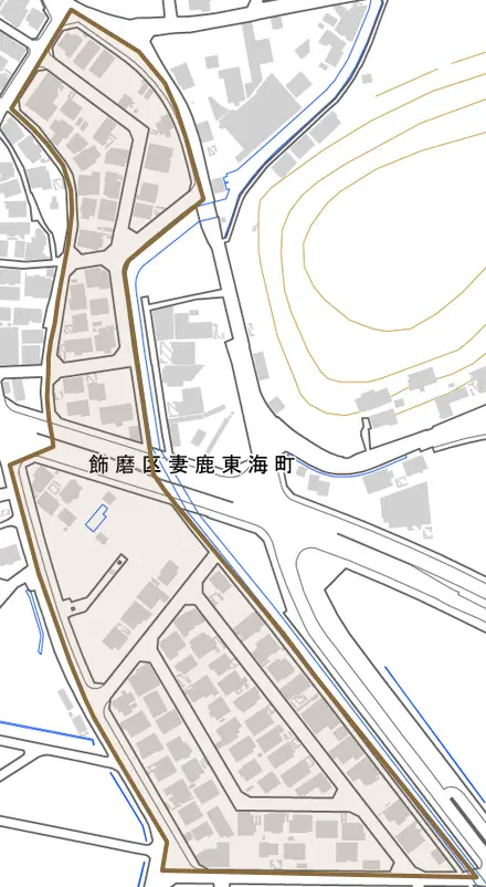 飾磨区妻鹿東海町とその周辺の地図。町の範囲を重ねている