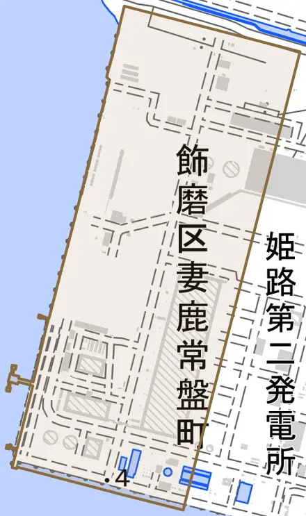 飾磨区妻鹿常盤町とその周辺の地図。町の範囲を重ねている