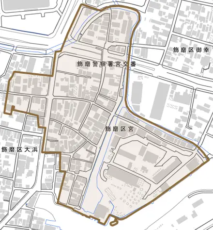 飾磨区宮とその周辺の地図。町の範囲を重ねている