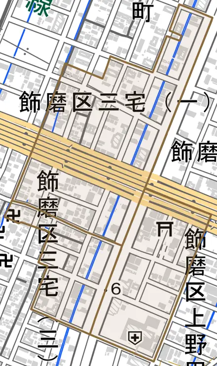飾磨区三宅とその周辺の地図。町の範囲を重ねている