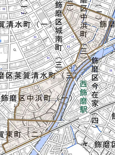 飾磨区中浜町とその周辺の地図。町の範囲を重ねている