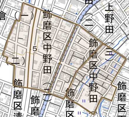 飾磨区中野田とその周辺の地図。町の範囲を重ねている