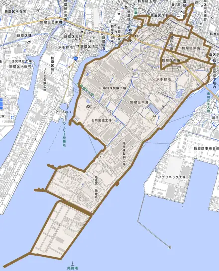 飾磨区中島とその周辺の地図。町の範囲を重ねている