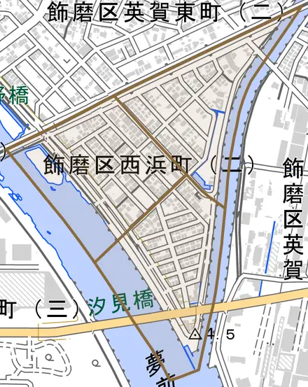 飾磨区西浜町とその周辺の地図。町の範囲を重ねている