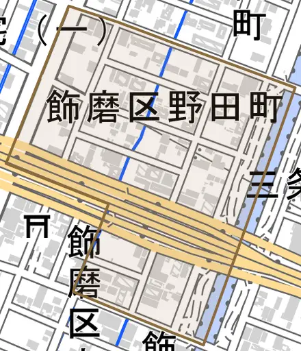 飾磨区野田町とその周辺の地図。町の範囲を重ねている