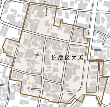 飾磨区大浜とその周辺の地図。町の範囲を重ねている