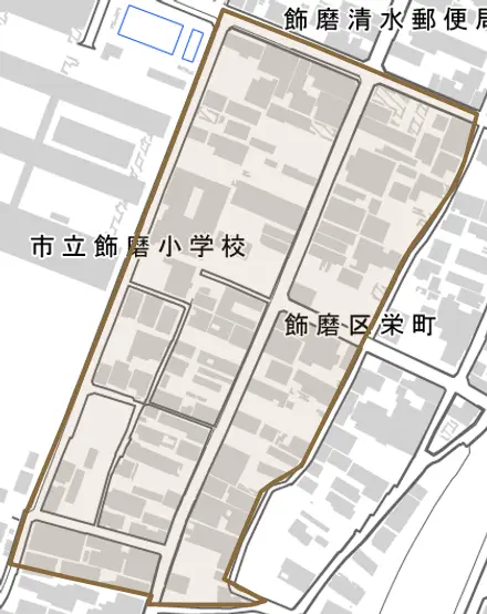 飾磨区栄町とその周辺の地図。町の範囲を重ねている