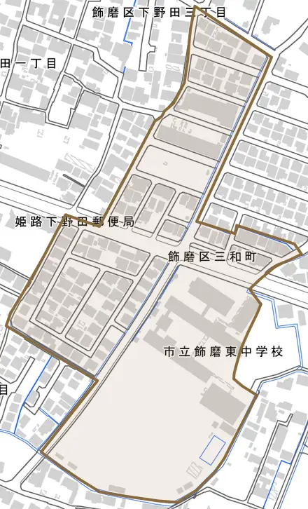 飾磨区三和町とその周辺の地図。町の範囲を重ねている