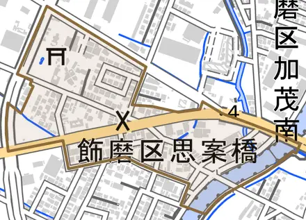 飾磨区思案橋とその周辺の地図。町の範囲を重ねている