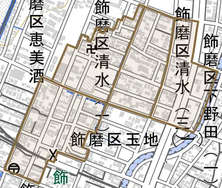 飾磨区清水とその周辺の地図。町の範囲を重ねている