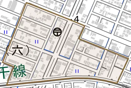 飾磨区蓼野町とその周辺の地図。町の範囲を重ねている