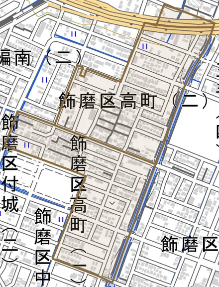 飾磨区高町とその周辺の地図。町の範囲を重ねている