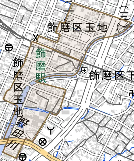 飾磨区玉地とその周辺の地図。町の範囲を重ねている
