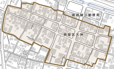 飾磨区天神とその周辺の地図。町の範囲を重ねている