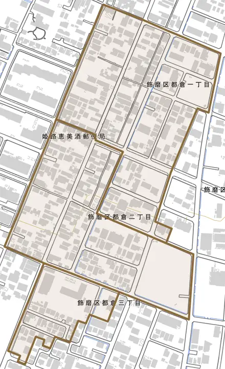 飾磨区都倉とその周辺の地図。町の範囲を重ねている