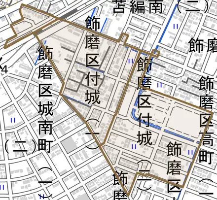 飾磨区付城とその周辺の地図。町の範囲を重ねている