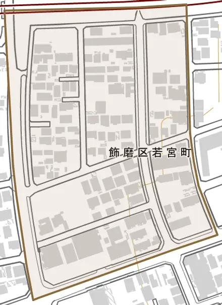 飾磨区若宮町とその周辺の地図。町の範囲を重ねている