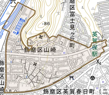 飾磨区山崎とその周辺の地図。町の範囲を重ねている