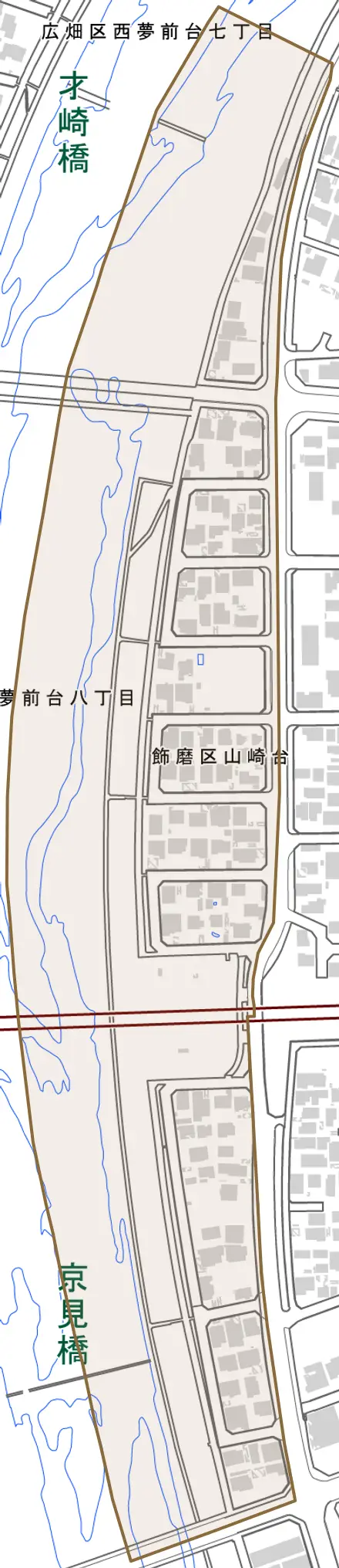 飾磨区山崎台とその周辺の地図。町の範囲を重ねている