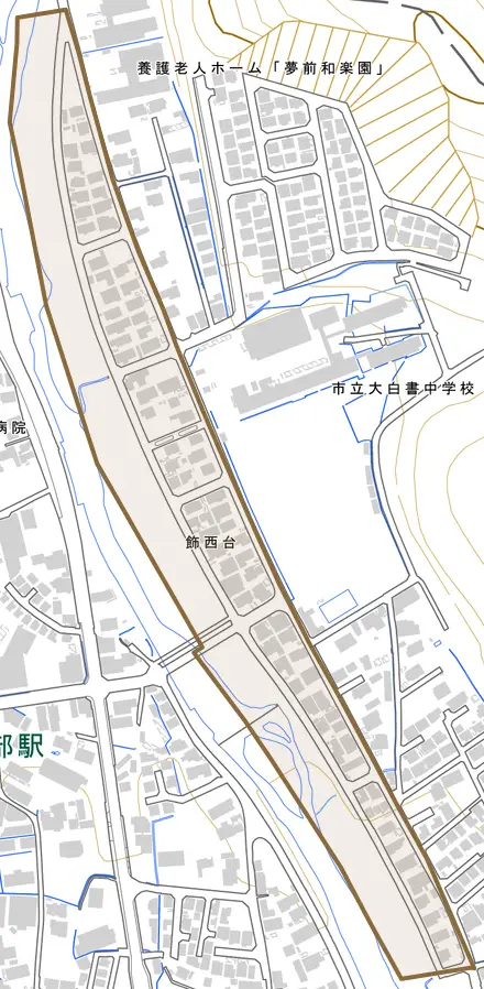 飾西台とその周辺の地図。町の範囲を重ねている