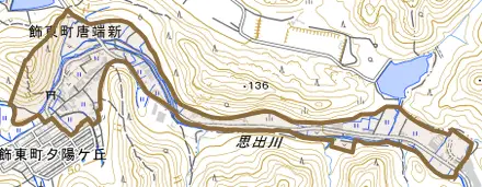 飾東町唐端新とその周辺の地図。町の範囲を重ねている