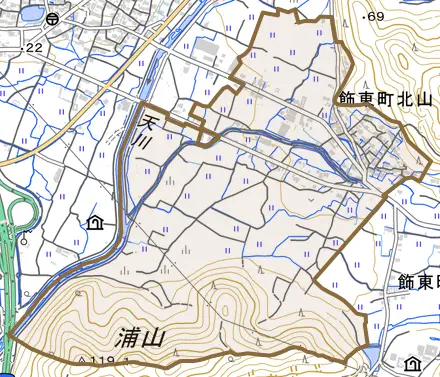 飾東町北山とその周辺の地図。町の範囲を重ねている