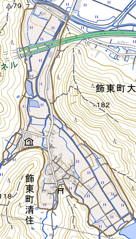 飾東町清住とその周辺の地図。町の範囲を重ねている