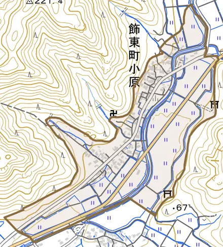 飾東町小原とその周辺の地図。町の範囲を重ねている