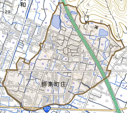 飾東町庄とその周辺の地図。町の範囲を重ねている