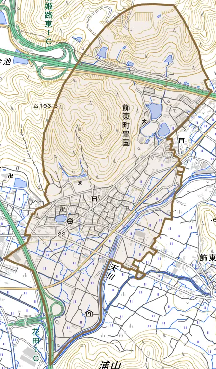 飾東町豊国とその周辺の地図。町の範囲を重ねている