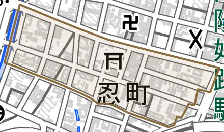 忍町とその周辺の地図。町の範囲を重ねている