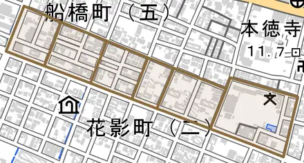 東雲町とその周辺の地図。町の範囲を重ねている