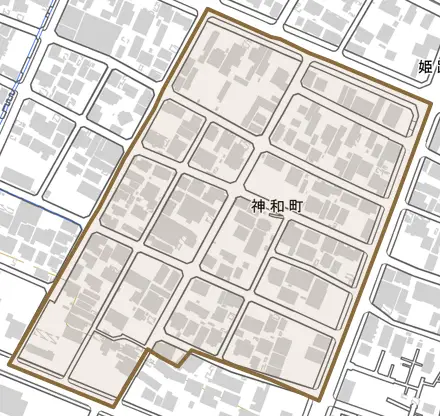 神和町とその周辺の地図。町の範囲を重ねている